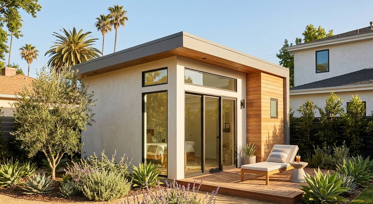 Modern finished backyard Accessory Dwelling Unit in Los Angeles with palm trees.