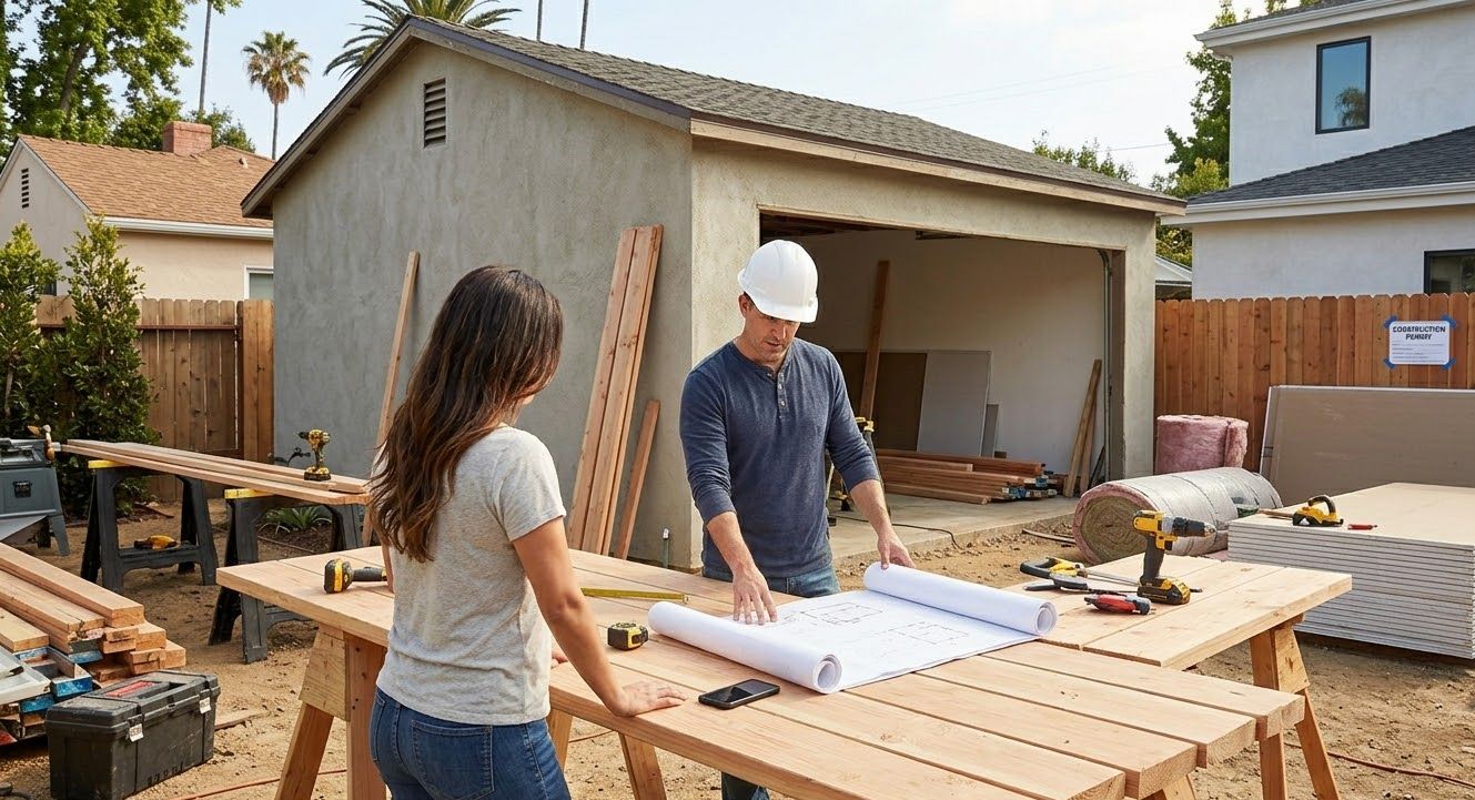 Contractor and homeowner review ADU garage conversion plans in an active Los Angeles construction site.