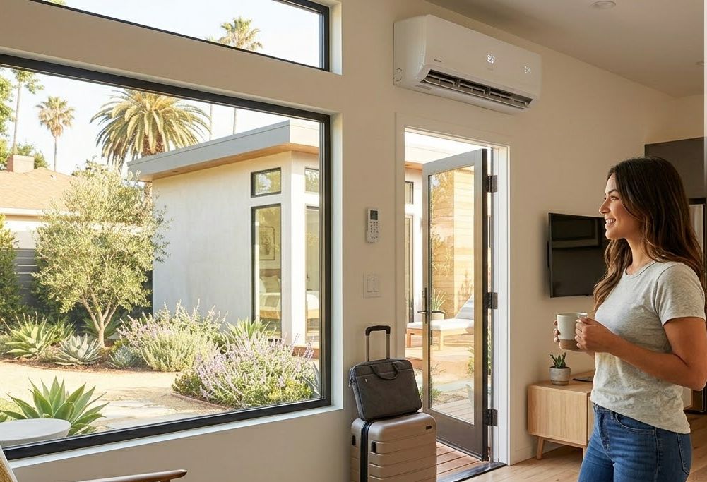 Smiling tenant in modern finished Los Angeles ADU interior with a rental income infographic overlay.