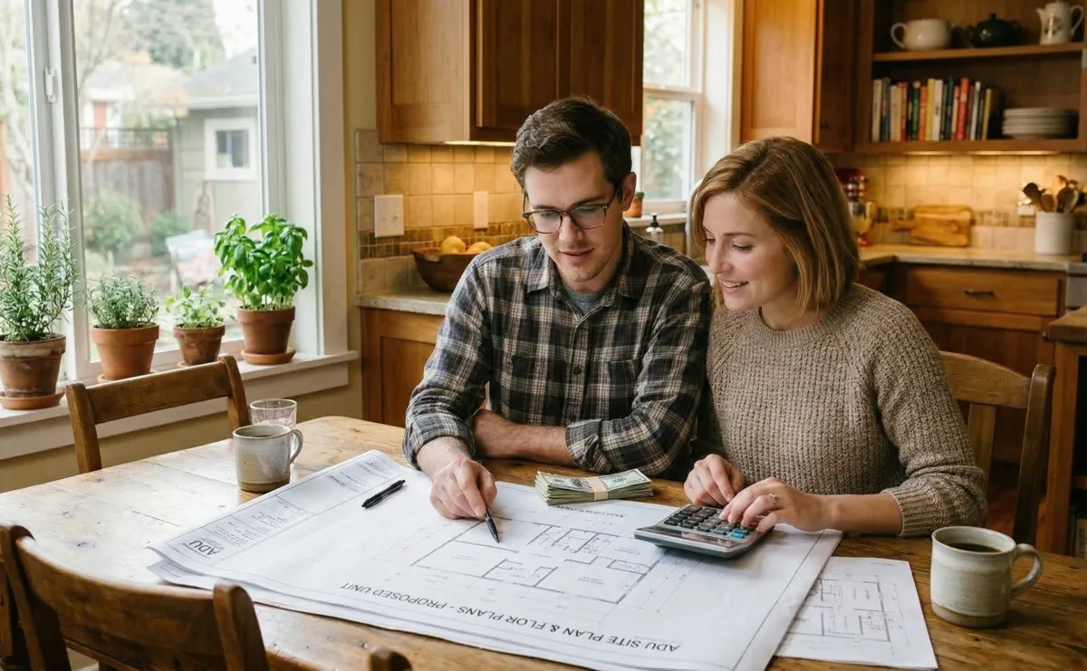 Couple reviewing ADU blueprints at kitchen table with calculator and cash