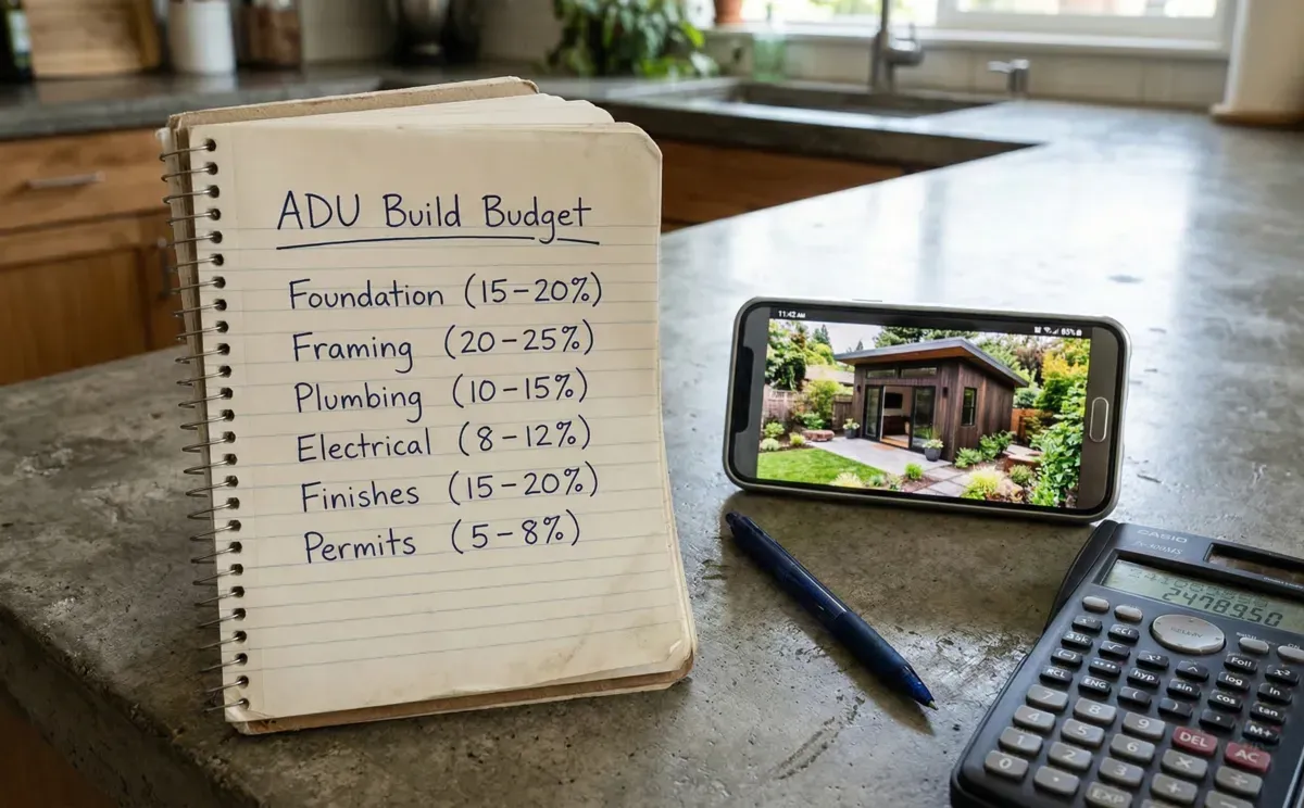 ADU build budget notebook with cost breakdown and phone showing backyard ADU