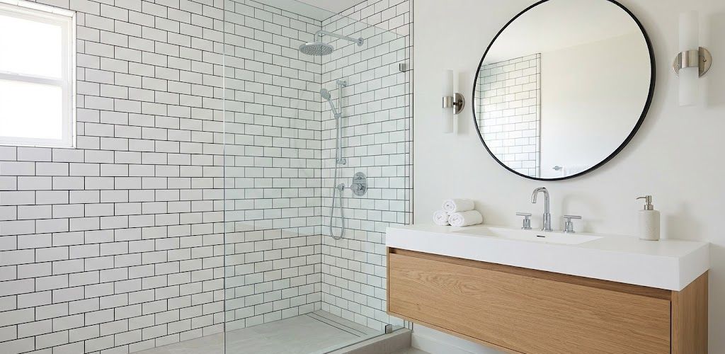 Luxury spa-like bathroom interior with custom shower and soaking tub.