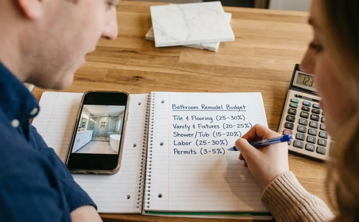 Bathroom remodel budget notebook with cost breakdown and phone showing finished bathroom