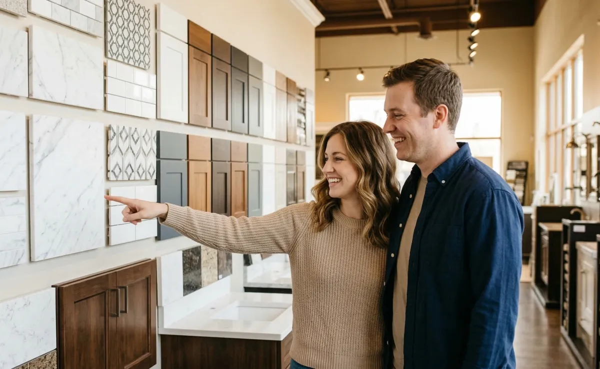 Couple in showroom comparing tile and vanity samples for bathroom remodel