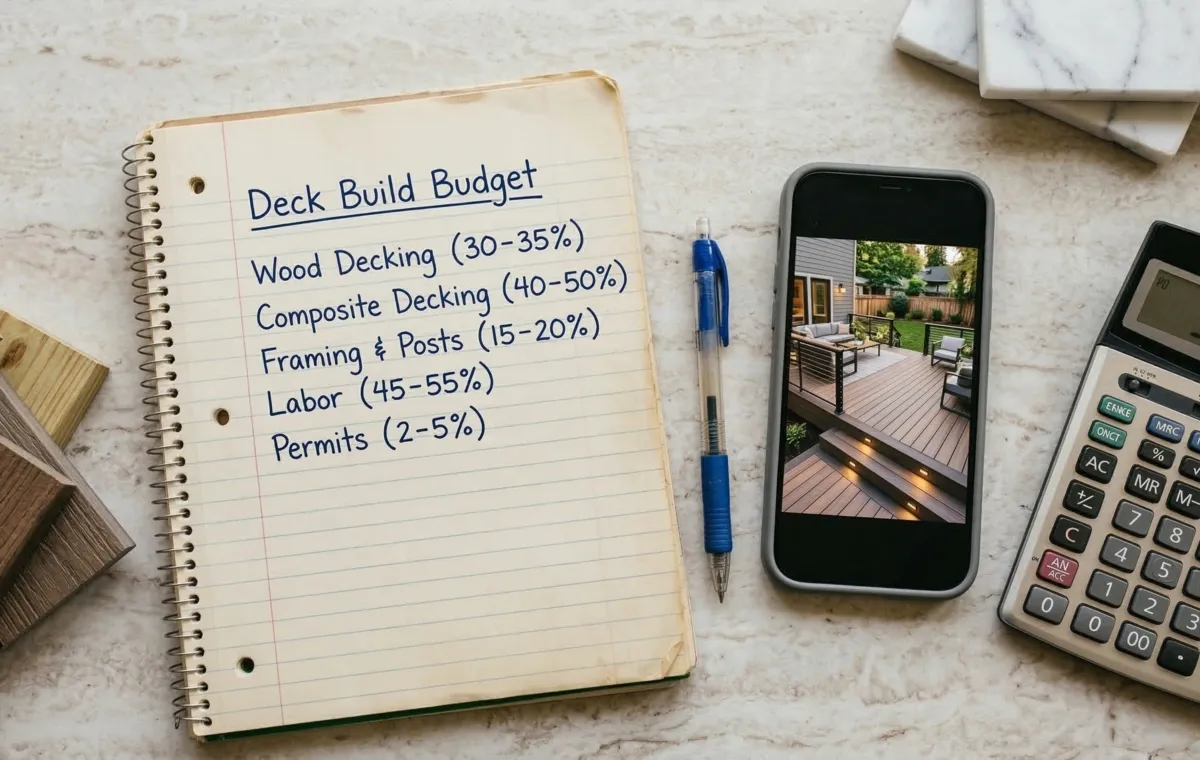 Deck build budget notebook with cost breakdown and phone showing finished composite deck