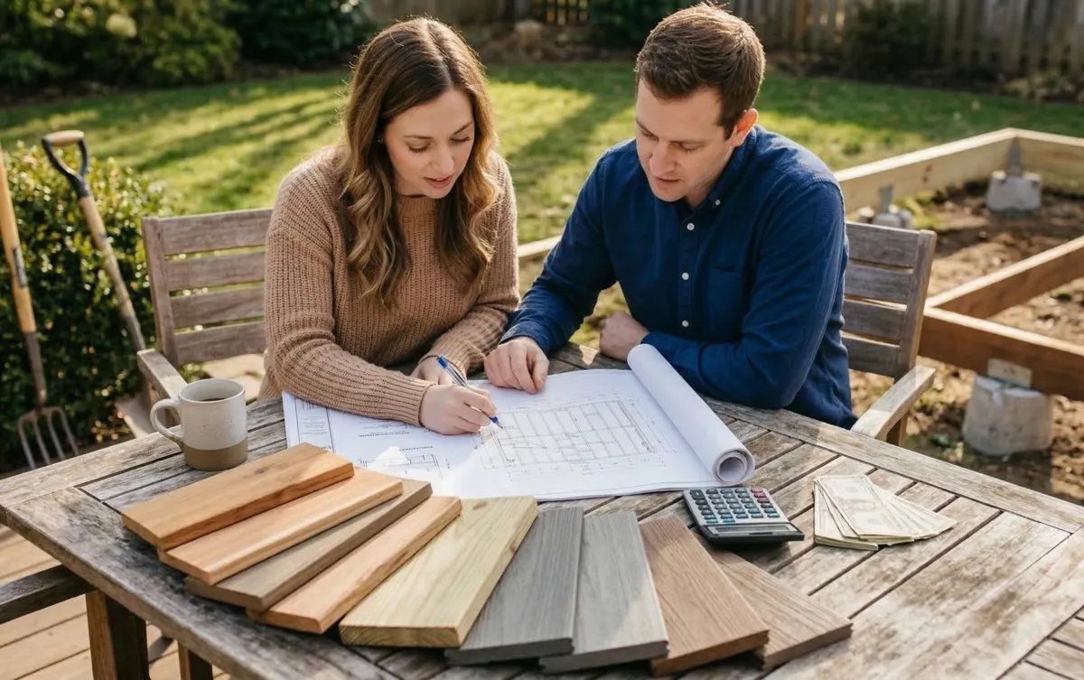 Couple reviewing deck construction plans with wood samples and calculator outdoors