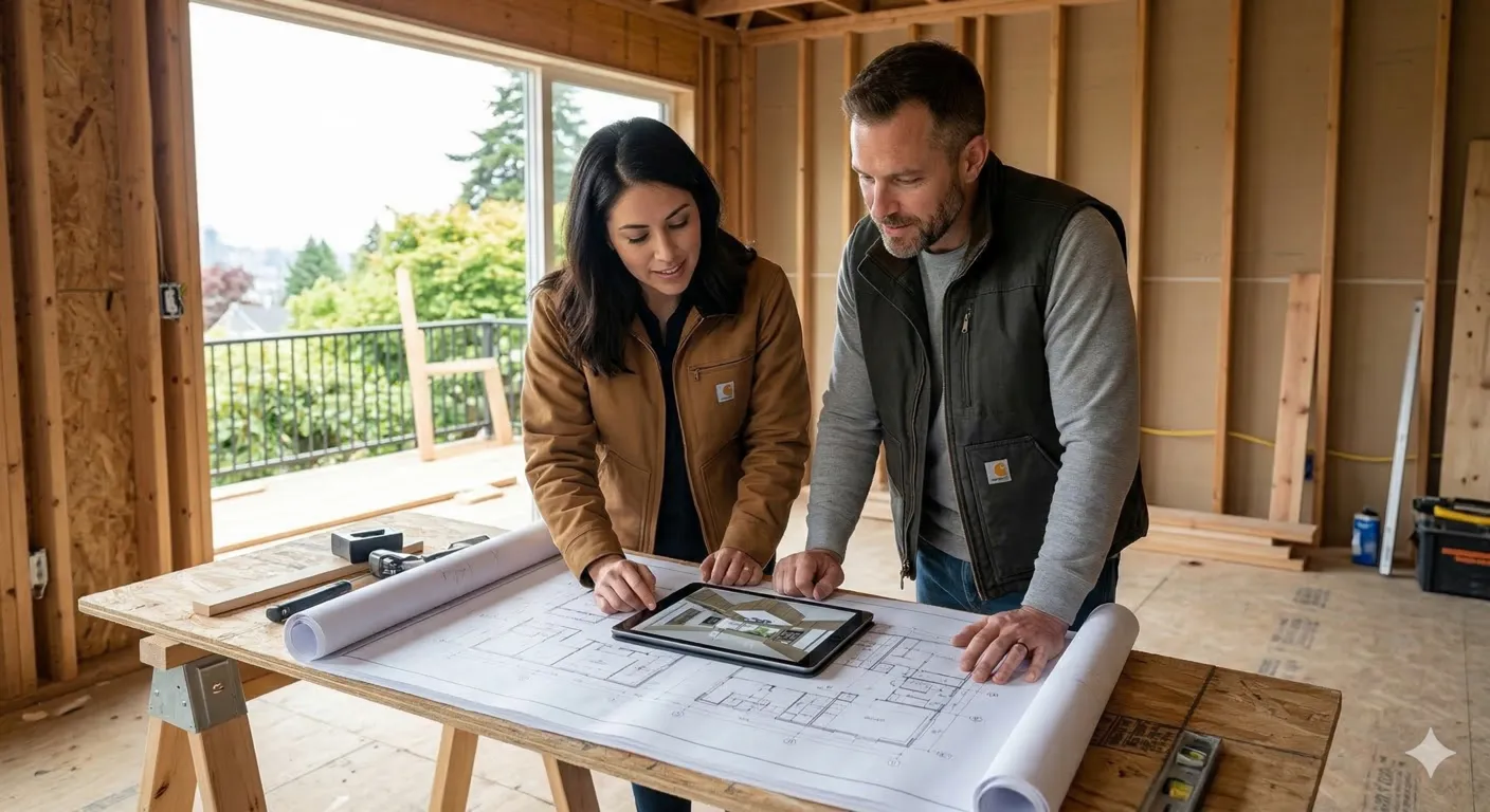 Contractors reviewing blueprints and a 3D rendering on a job site.