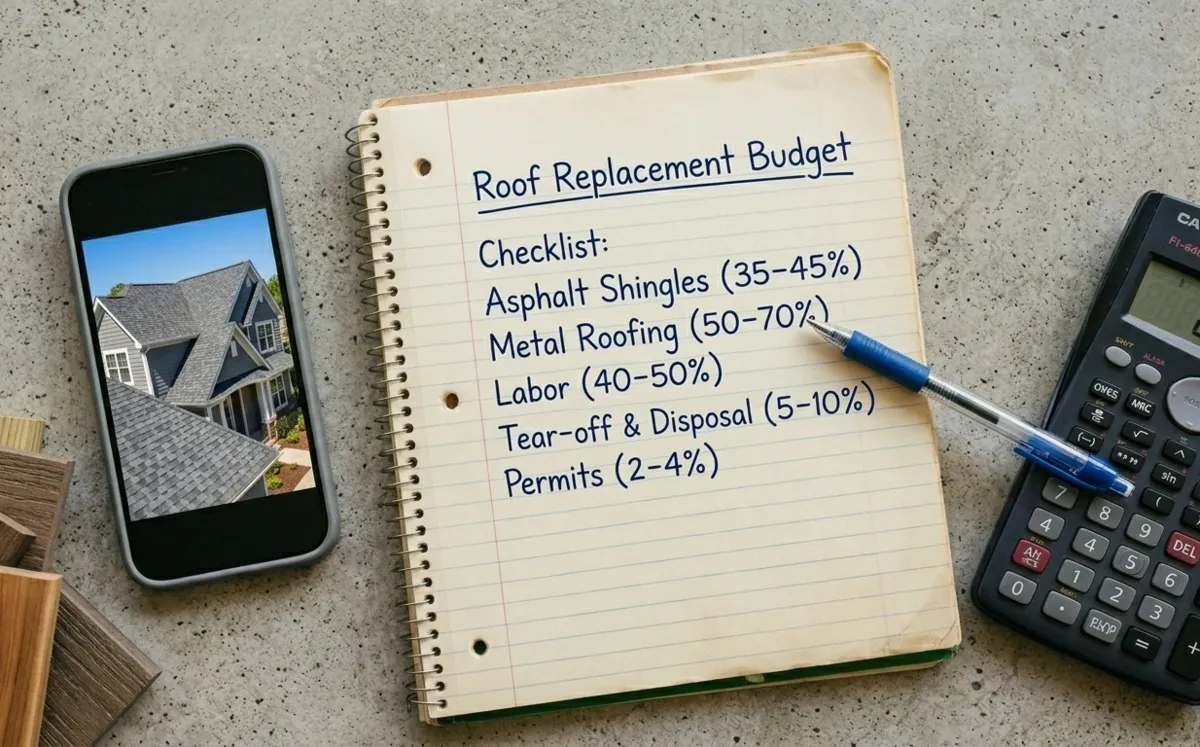 Roof replacement budget notebook with cost breakdown and phone showing shingled house