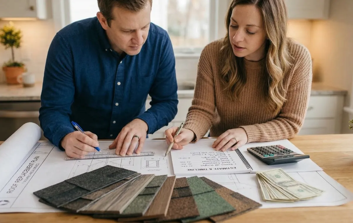 Couple at kitchen counter reviewing roofing quotes with shingle samples and calculator