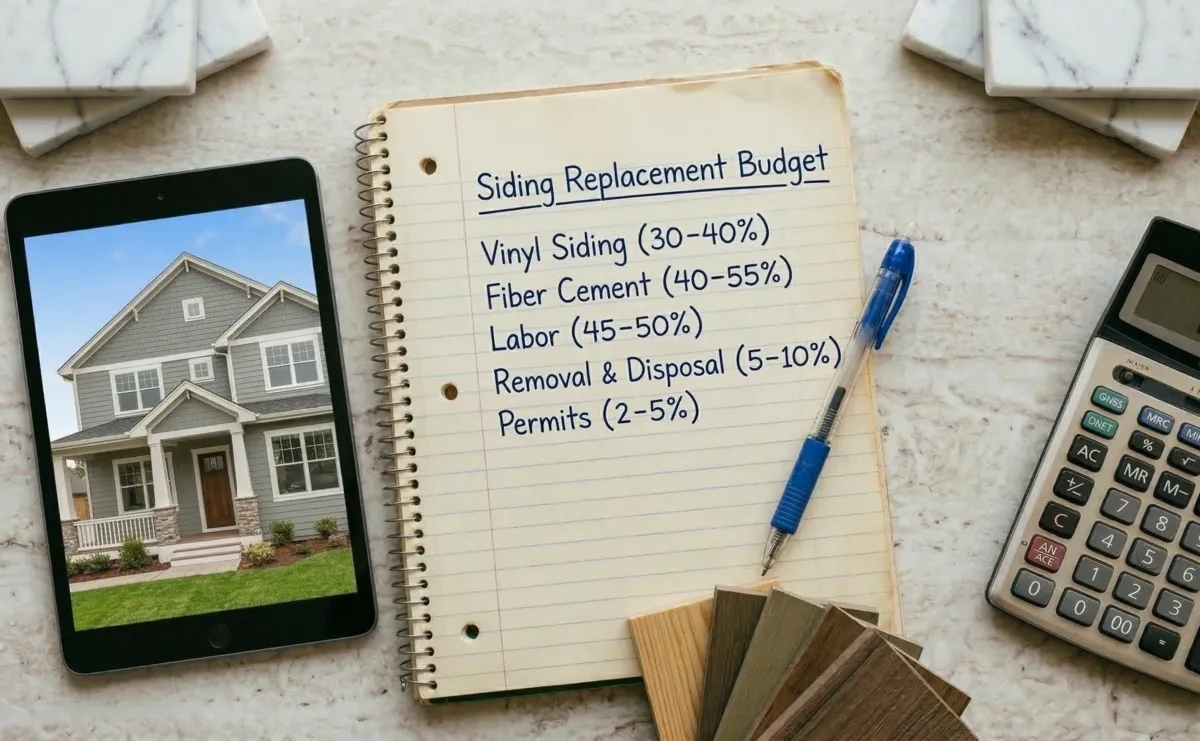 Siding replacement budget notebook with cost breakdown and phone showing house with new siding