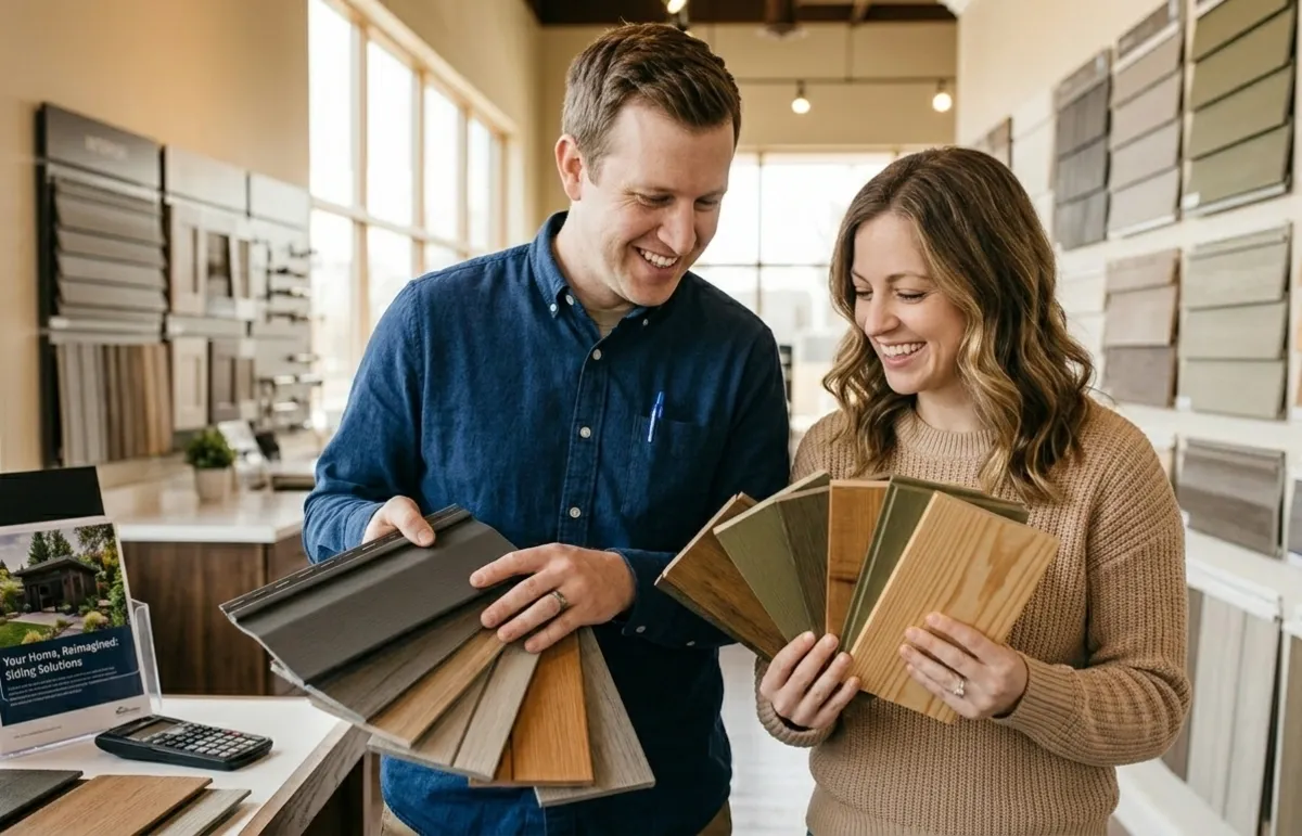 Homeowners at showroom comparing vinyl and fiber cement siding samples