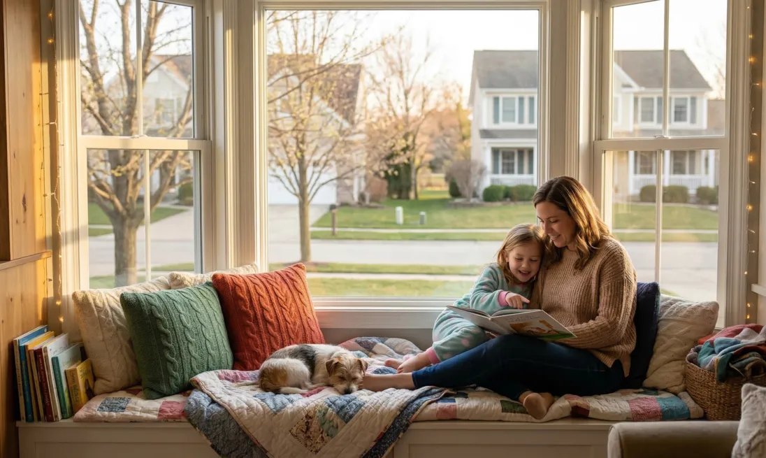 Mother and daughter reading on a cozy, labeled window seat
