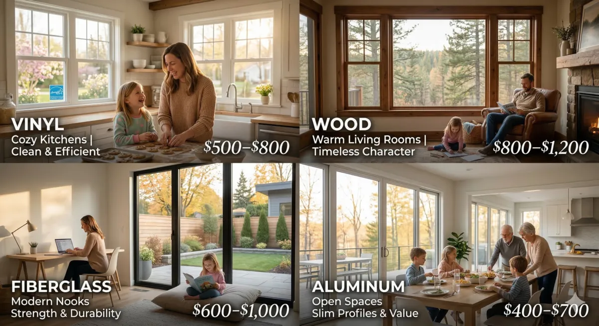 Infographic comparison of four window frame materials with photos and costs