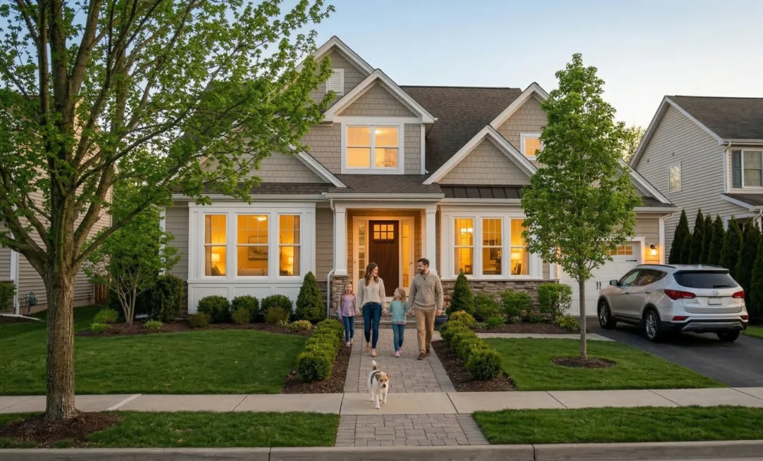 Family and dog walking toward a warm-lit, sunlit modern home