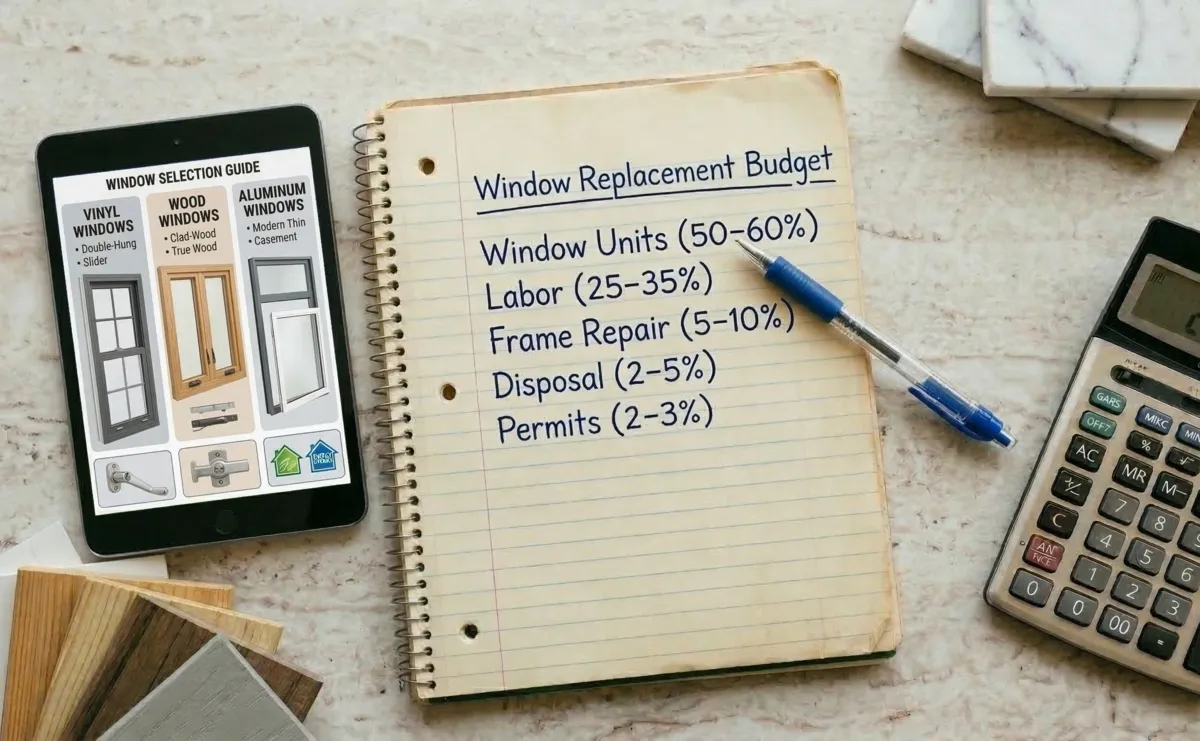 Window replacement budget notebook with cost breakdown and phone showing home with new windows