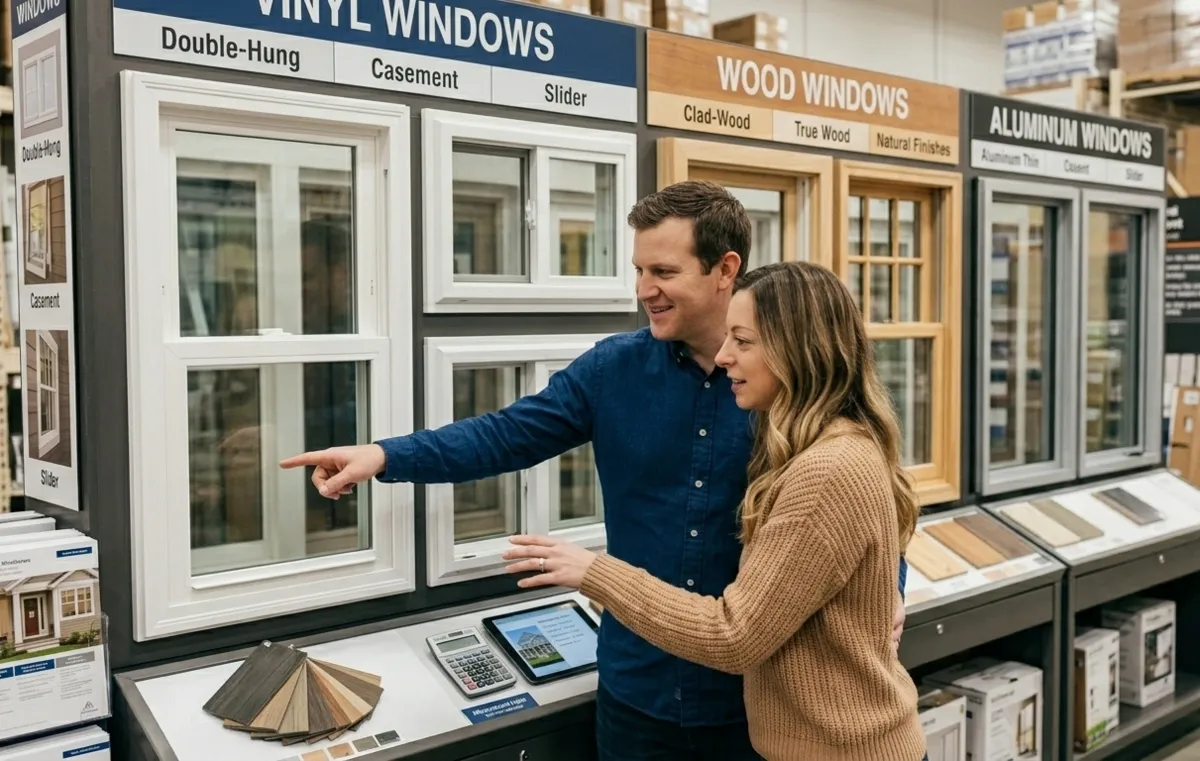 Couple at home improvement store comparing window frame options on display wall