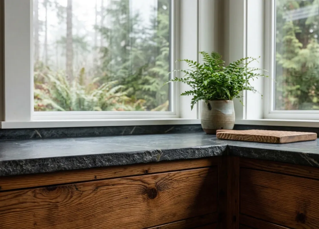 Close-up of soapstone countertop and reclaimed wood kitchen cabinets