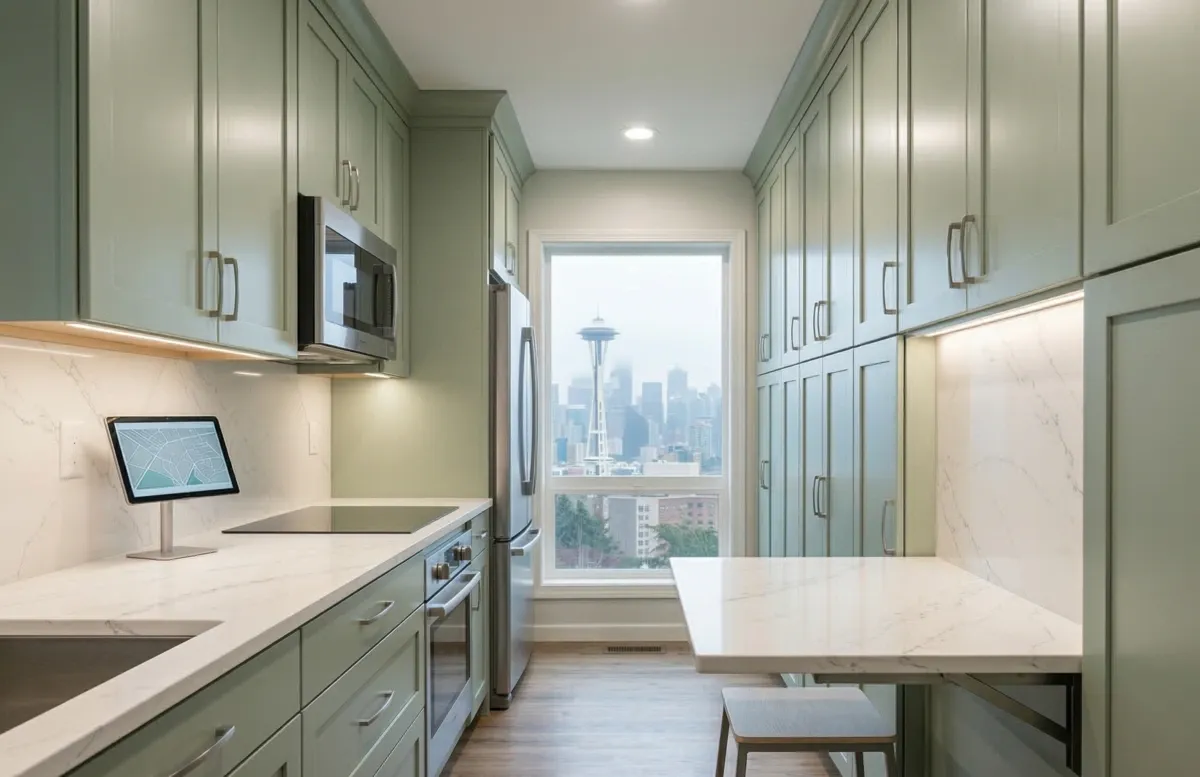Modern galley kitchen with sage cabinets and Seattle skyline view.